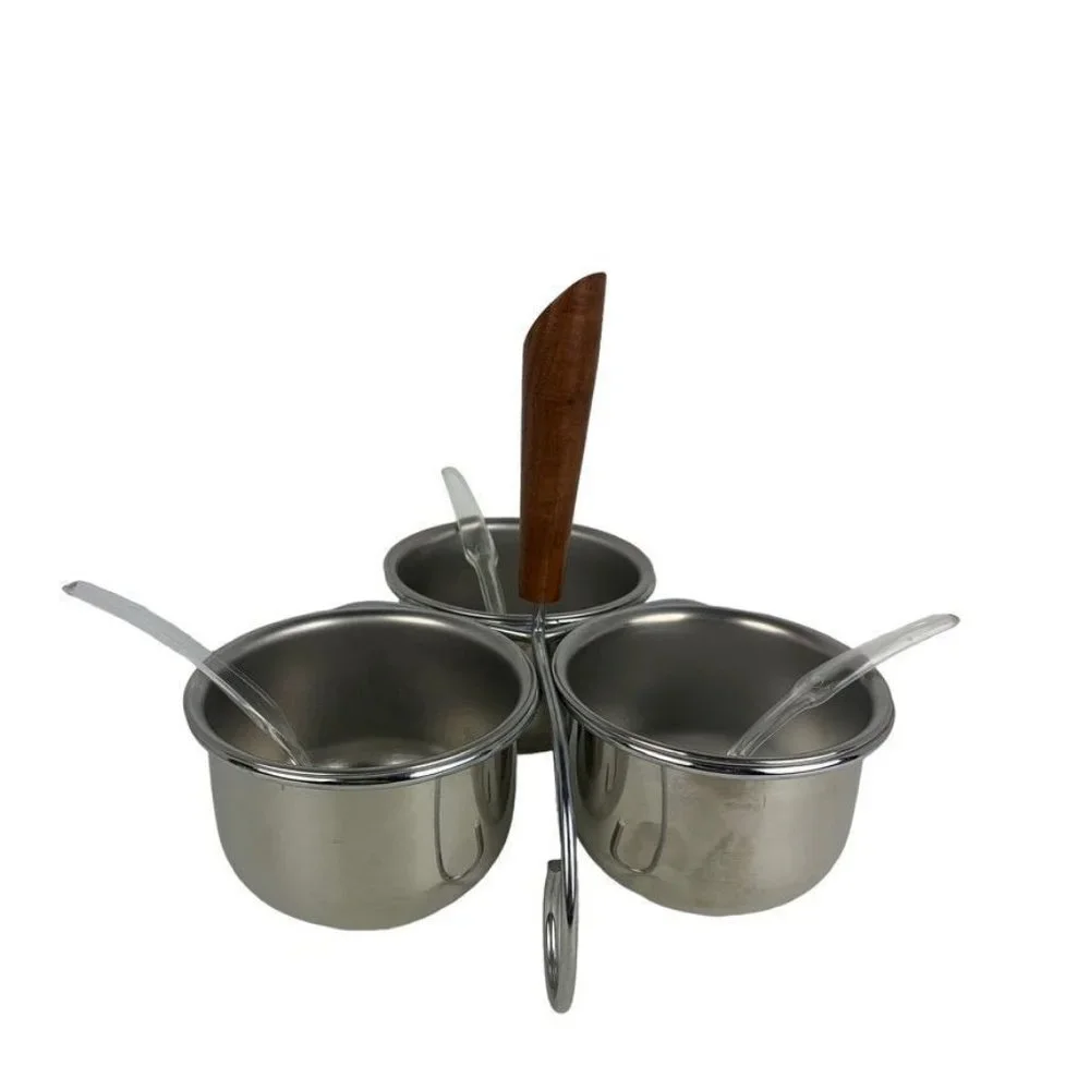 Vintage Midcentury 3 Bowl Condiment Caddy Metal Wood Handle Plastic Spoons‎